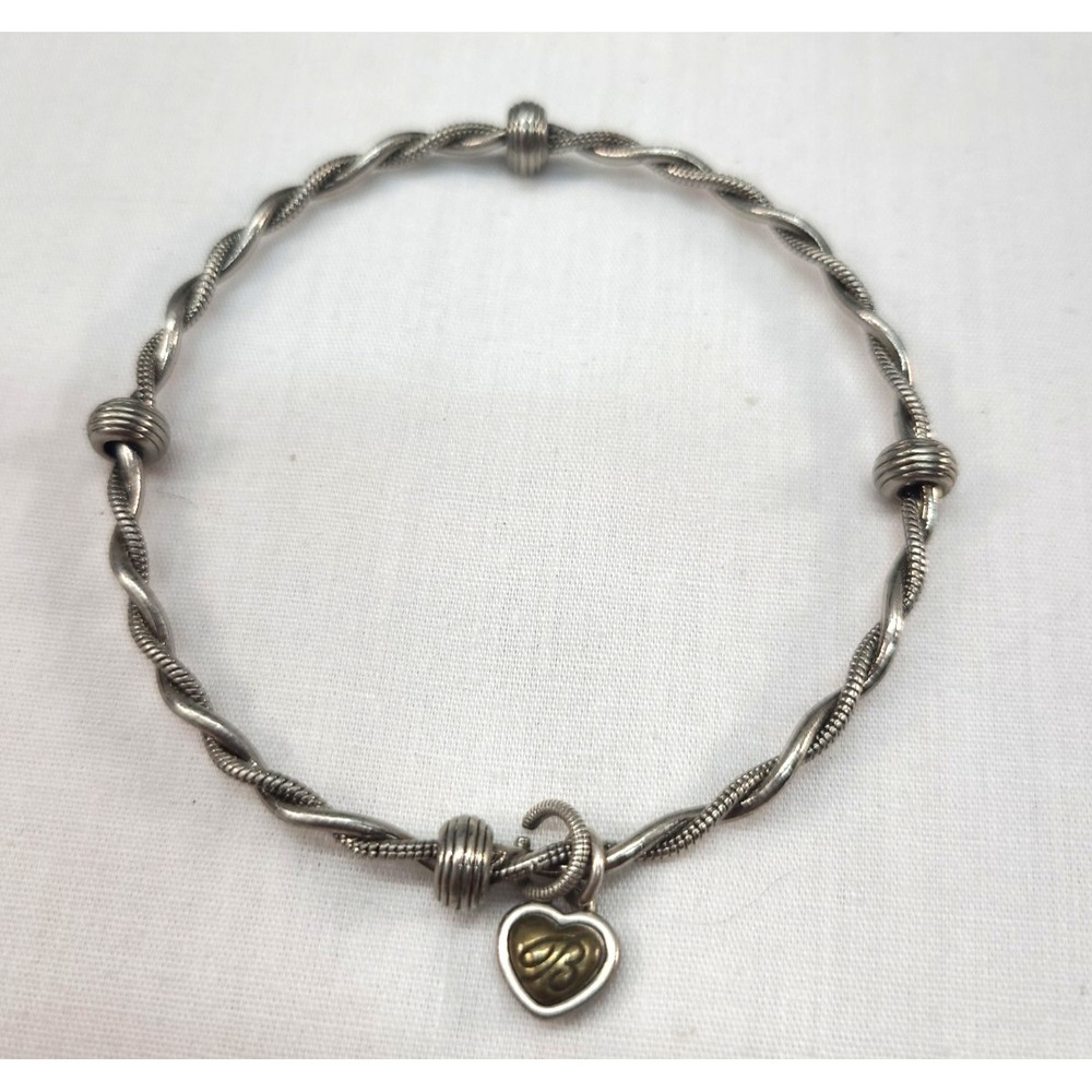 Brighton ART AND SOUL Silver Tone Twisted Cable Bangle Bracelet Heart Logo Charm